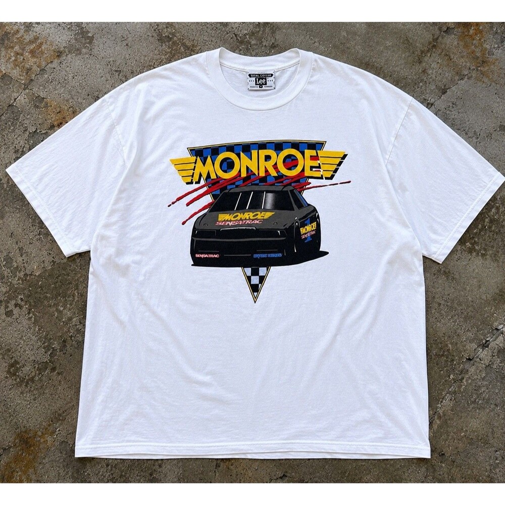 Vtg Monroe SensaTrac Racing Tee XXL USA Made Lee NASCAR Graphic 90s Garage Wear
